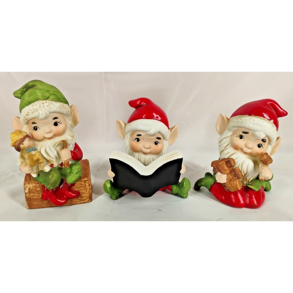 Vtg Homco 5406 Christmas Elf Figures 3pc Lot Ceramic Gnomes Vintage Pixies Elves
